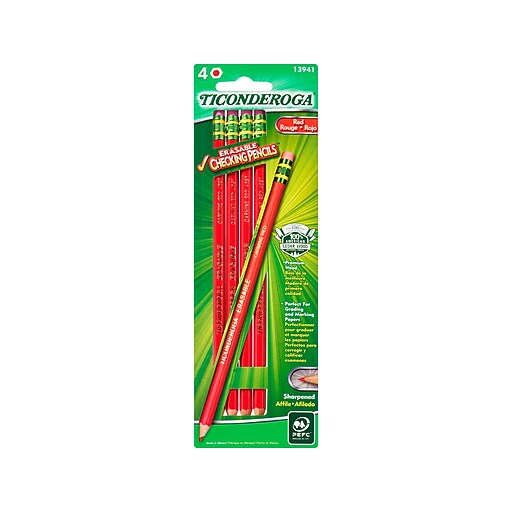Ticonderoga Erasable Checking Colored Pencils, Red, 4/Pack (13941