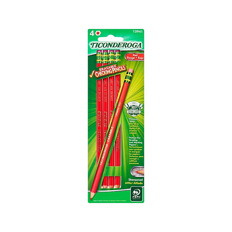 Ticonderoga Erasable Checking Colored Pencils, Red, 4/Pack (13941) image 1