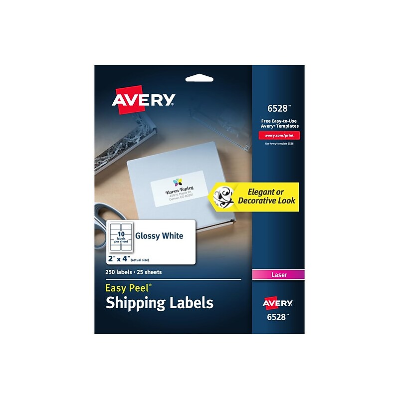Avery Easy Peel Laser Shipping Labels, 2" x 4", White, 10 Labels/Sheet, 25 Sheets/Pack (6528) image 1