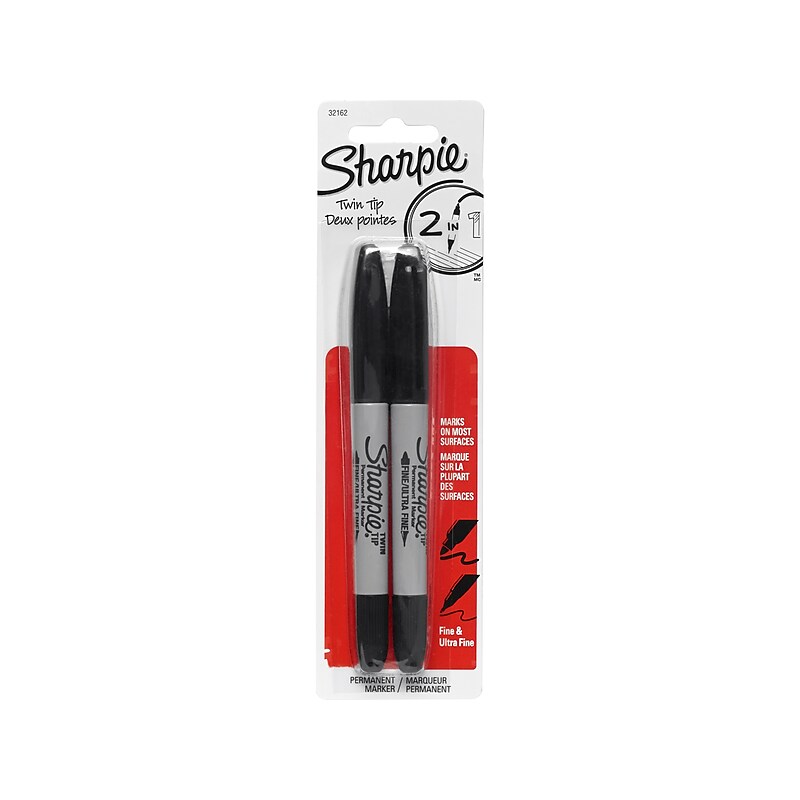 Sharpie Permanent Marker, Twin Tip, Black Ink, 2/Pack (32162) image 1
