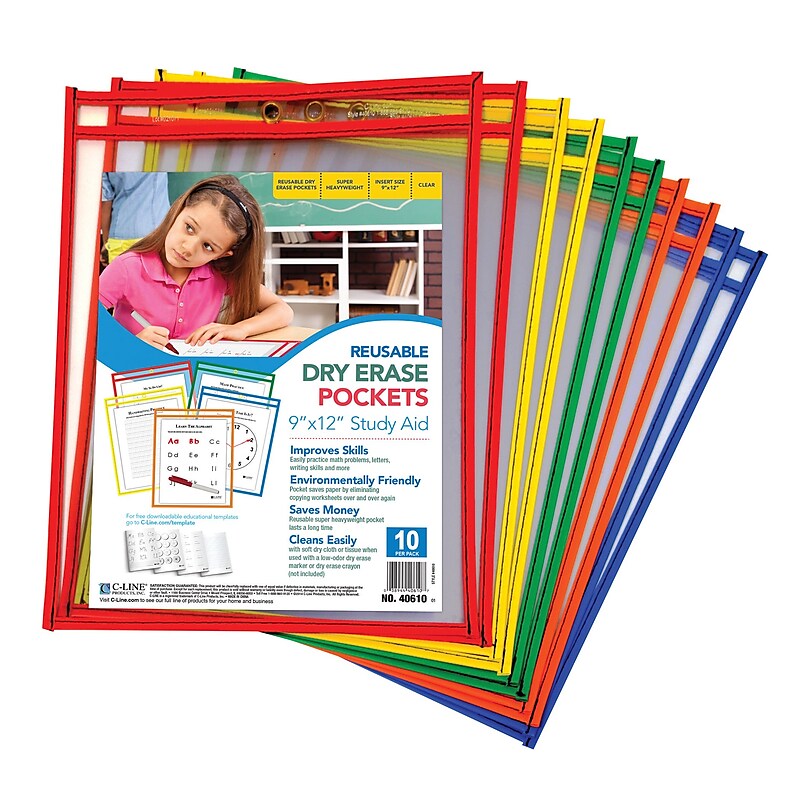 C-Line® Reusable Dry Erase Pockets, Assorted Primary Colors, 9" x 12", Pack of 10 (CLI40610) image 1