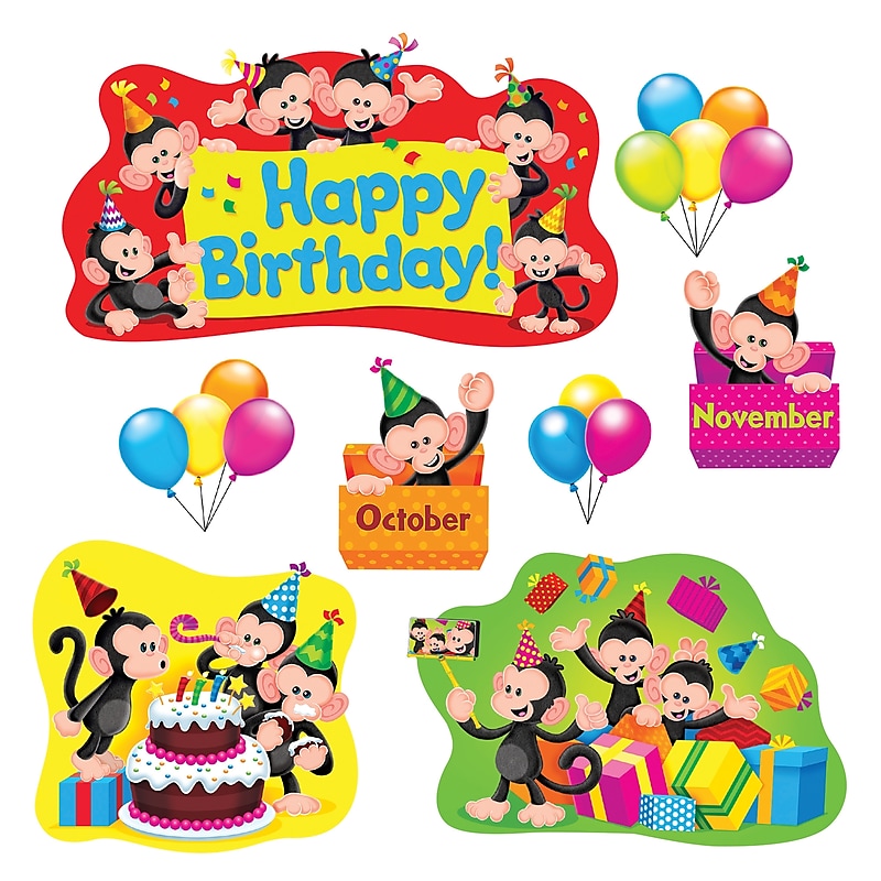 Trend Monkey Mischief® Birthday Bulletin Board Set, 28" x 18.25", 30 Pieces (T-8341) image 1