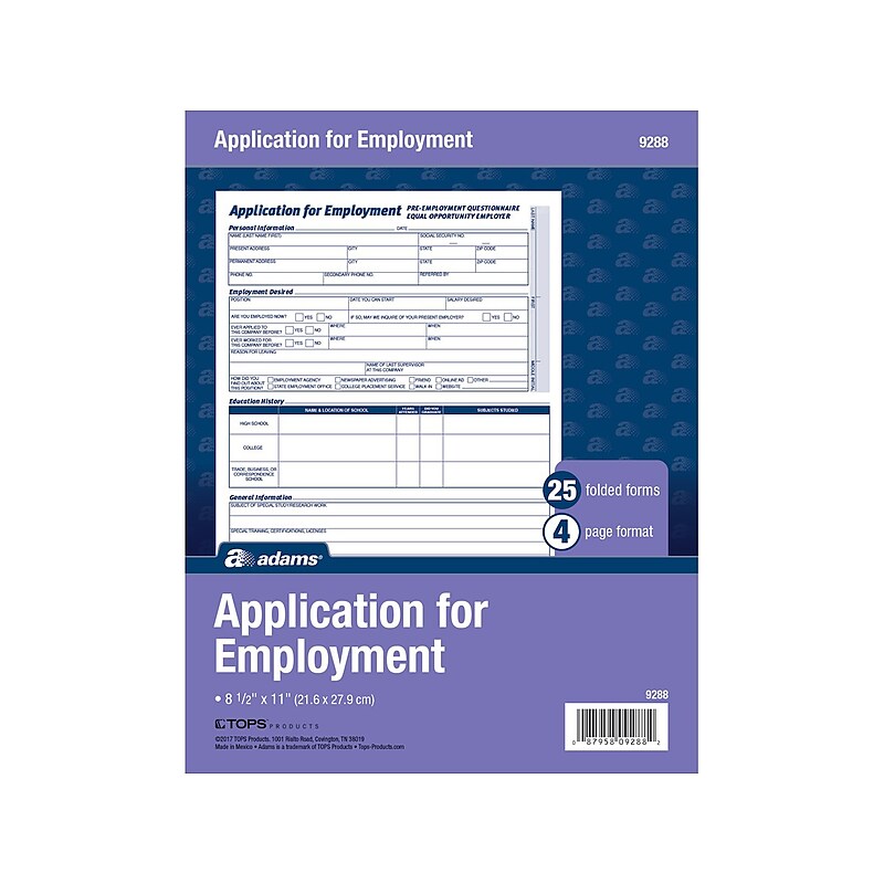 Adams 4-Part Employment Applications, 25/Pack (ABF 9288ABF) image 1