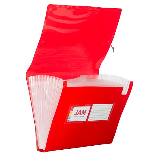 JAM Paper® 13 Pocket Plastic Expanding File, Accordion Folders, Letter Size, 9 x 13, Red, Sold