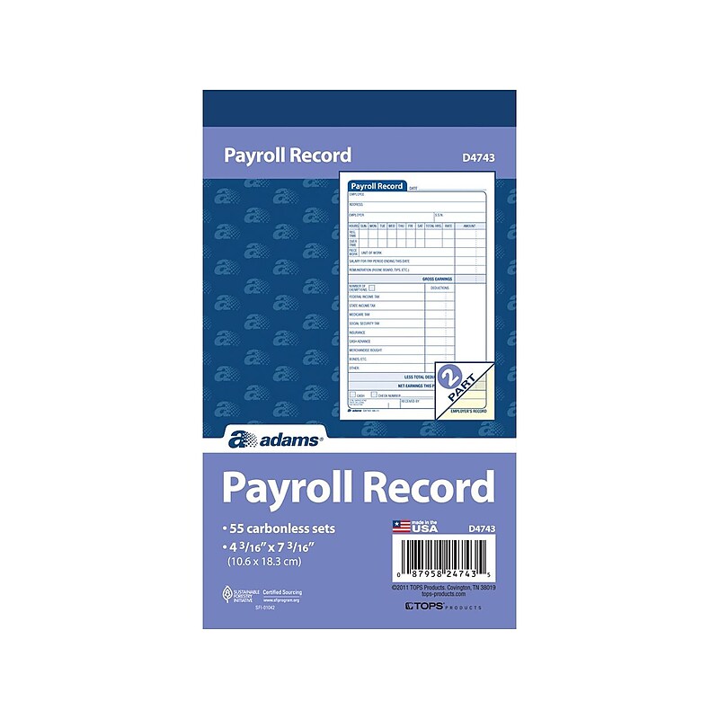 Adams 2-Part Employee Payroll Record Book, Each (ABF D4743) image 1
