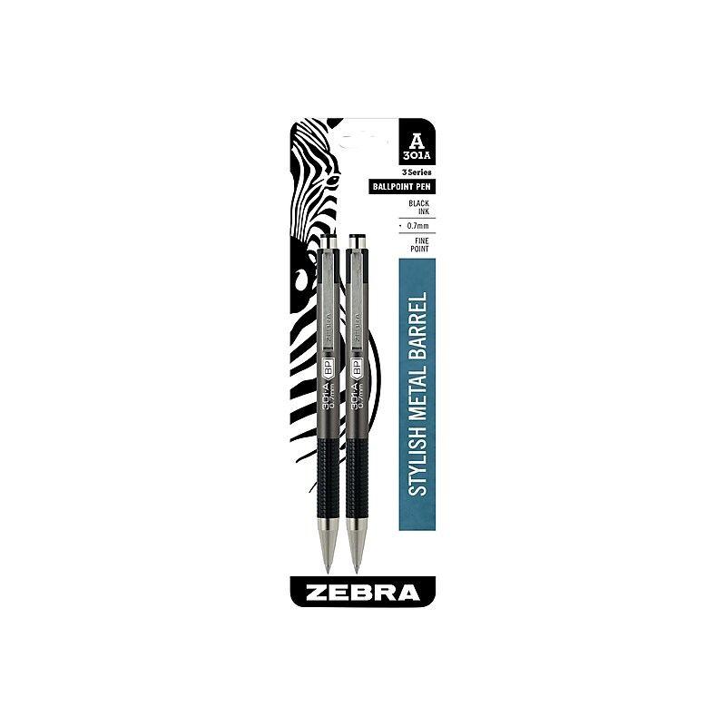 Zebra 301A Retractable Ballpoint Pen, Fine Point, Black Ink, 2/Pack (27502) image 1