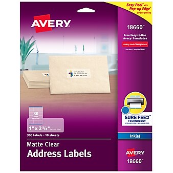 Avery Easy Peel Inkjet Address Labels, 1" x 2-5/8", Clear, 30 Labels/Sheet, 10 Sheets/Pack, 300 Labels/Pack (18660)