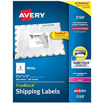 Avery TrueBlock Laser Shipping Labels, 3-1/2" x 5", White, 4 Labels/Sheet, 100 Sheets/Box (5168)