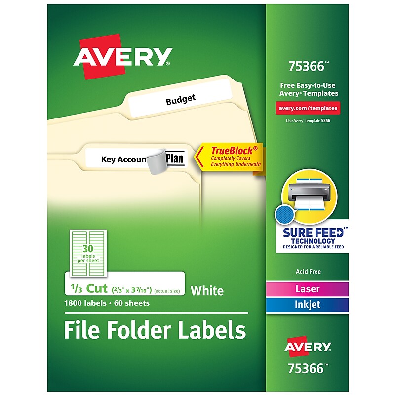 Avery Laser/Inkjet File Folder Labels, 2/3" x 3 7/16", White, 30/Sheet, 60 Sheets/Pack (75366) image 1