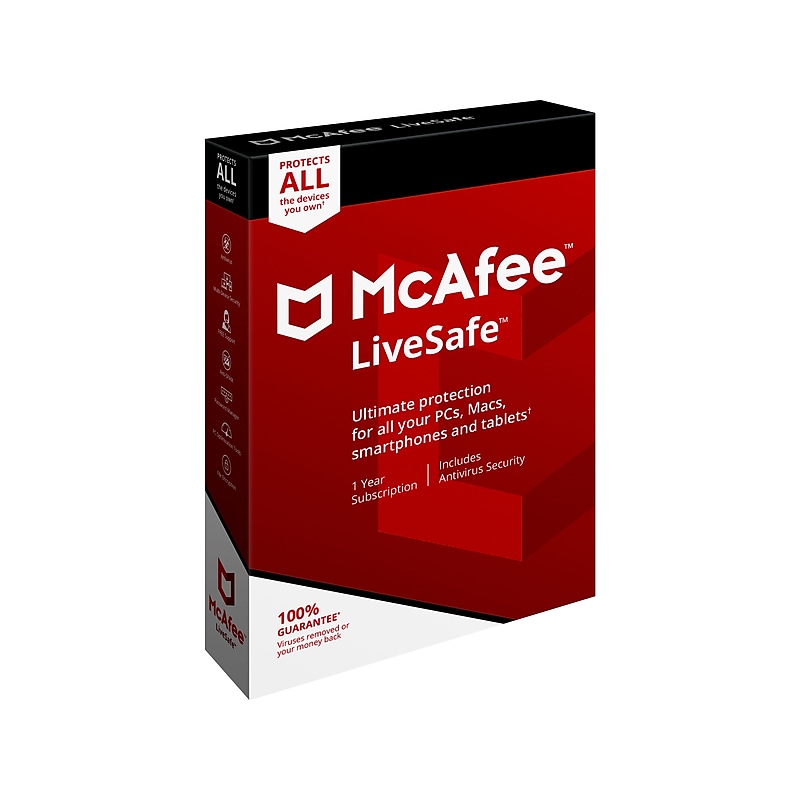 McAfee LiveSafe for 1 User, Windows/Mac/Android/iOS, Product Key Card (MLS00ESTURAC) image 1