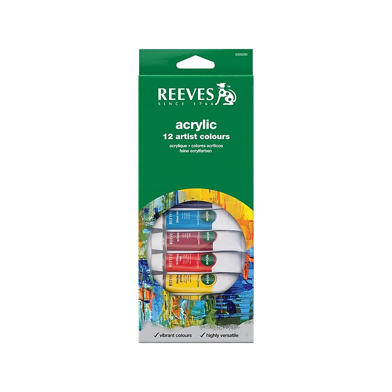 Reeves Washable Acrylic Paints, Assorted Colors, 0.34 Oz., 12/Pack (8493200) image 1