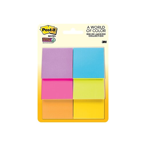 Postit Super Sticky Notes, 2" x 2", Rio de Janeiro Collection, 45 Sheet/Pad, 6 Pads/Pack (622