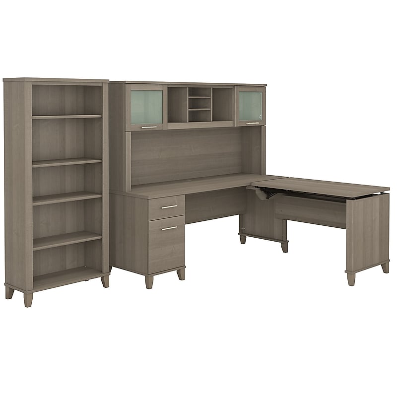 Bush Furniture Somerset 72"W 3 Position Sit to Stand L Shaped Desk with Hutch and Bookcase, Ash Gray (SET017AG) image 1