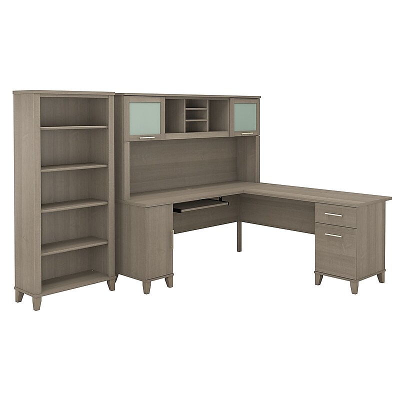Bush Furniture Somerset 72"W L Shaped Desk with Hutch and 5 Shelf Bookcase, Ash Gray (SET011AG) image 1