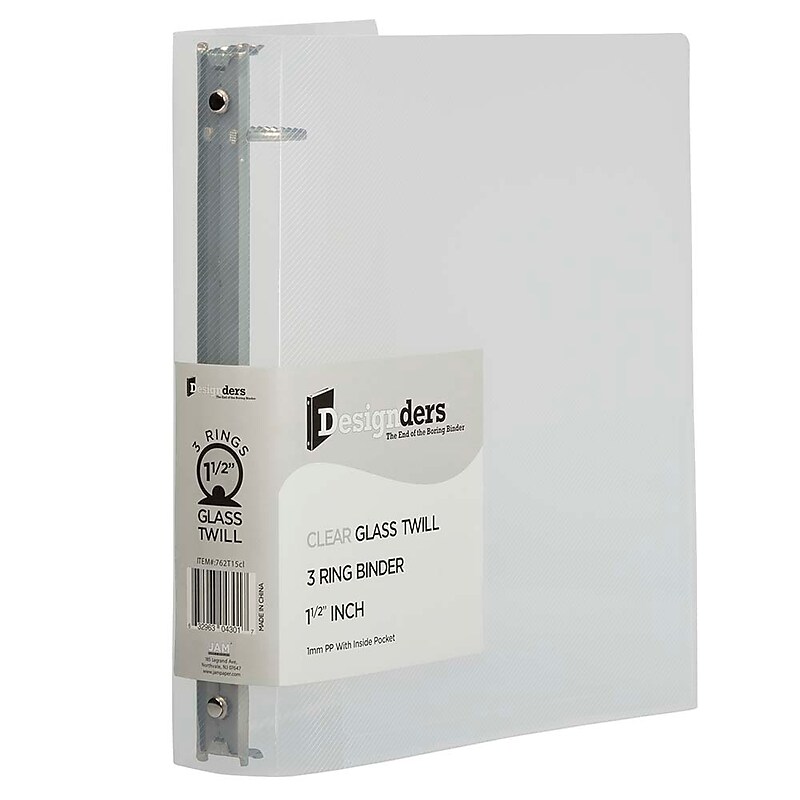 JAM Paper 1 1/2" 3-Ring Flexible Poly Binders, Clear Glass Twill (762T15CL) image 1