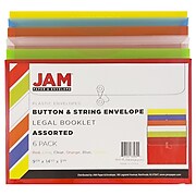 JAM PAPER Plastic Filing Envelopes with Button & String Tie Closure, Legal Size, Assorted Colors, 6/Pack (219B1RLIGBYORCL)
