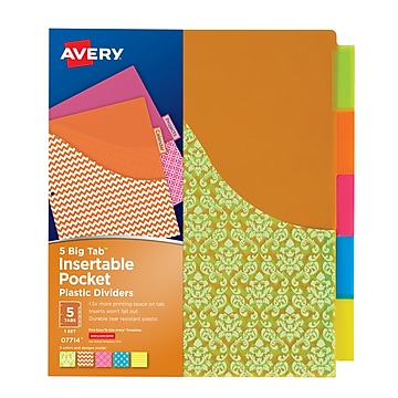 Avery Big Tab Pocket Divider, 5 Tab, 5 Tab/Set, Letter, 8.50" Width x 11" Length, Multicolor Plastic Divider, 1/Set