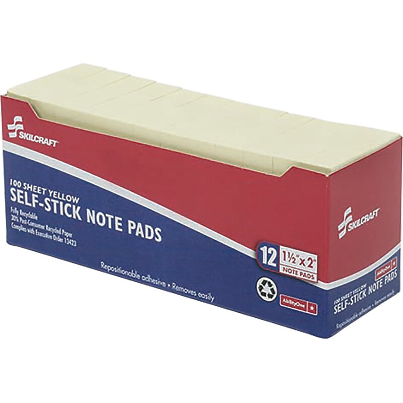 AbilityOne Skilcraft Recycled Notes, 1 1/2" x 2", Yellow, 100 Sheet/Pad, 12 Pads/Pack (7530011167866) image 1