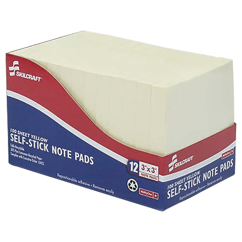 AbilityOne Skilcraft Recycled Notes, 3" x 3", Yellow, 100 Sheet/Pad, 12 Pads/Pack (7530011167867) image 1
