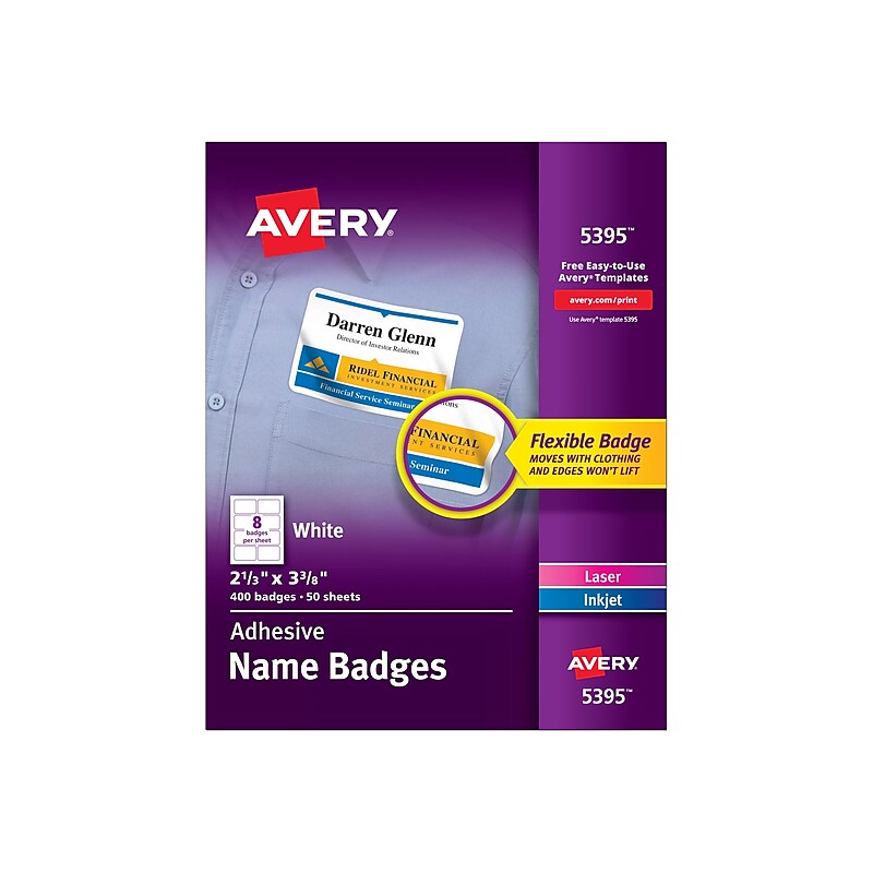 Avery Stick On Sticker Name Tags, White, 8 Badges/Sheet, 50 Sheets/Pk (85395) image 1