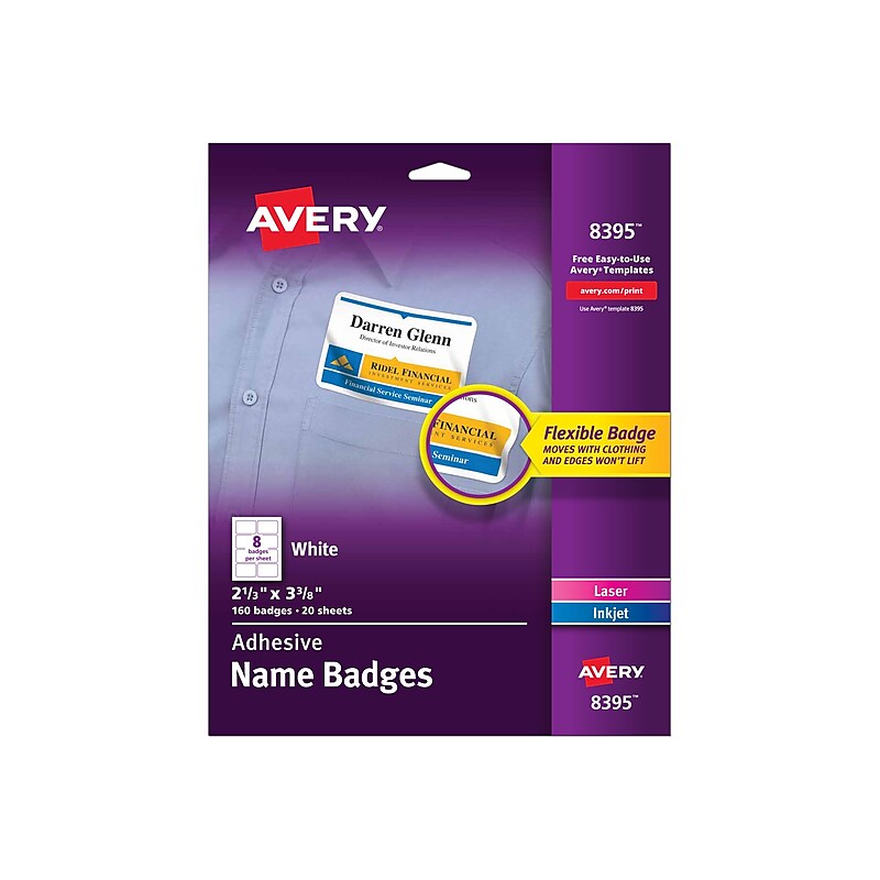 Avery Stick On Name Tags, White, 8 Badges/Sheet, 50 Sheets/Pack (85395) image 1