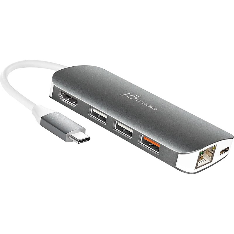 j5create USB-C to HDMI/RJ-45/USB Adapter, Male to Female, Black (JCD383) image 1