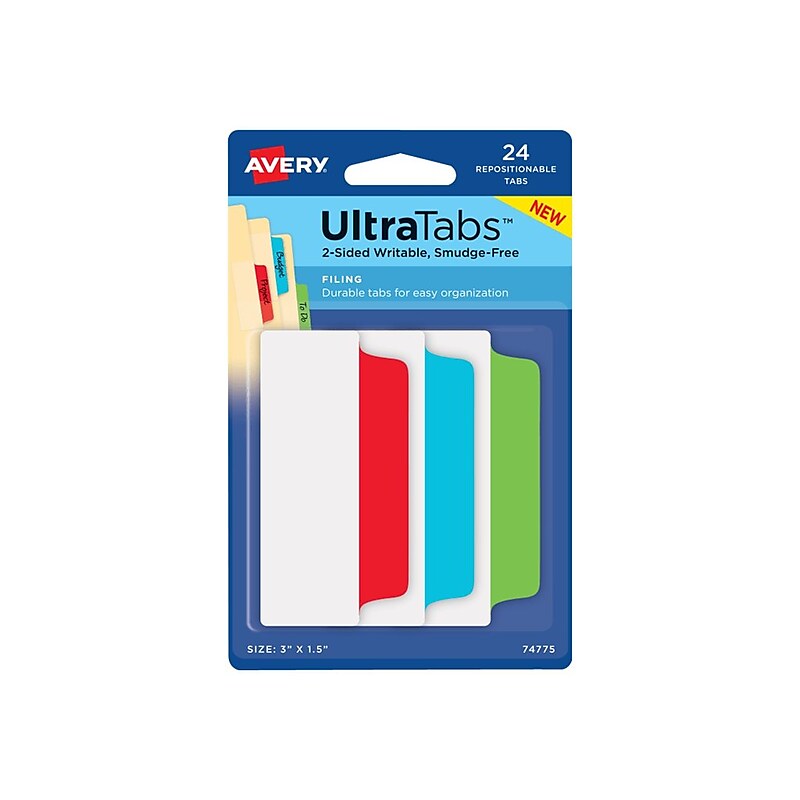 Avery UltraTabs Repositionable Mini Tabs, 3" x 1.5", Red/Blue/Green, 24/Tabs (74775) image 1