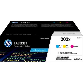HP 202X Cyan/Magenta/Yellow High Yield Toner Cartridge, 3/Pack (CF500XM), print up to 2500 pages
