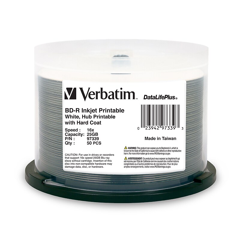 Verbatim DataLifePlus 97339 16x Blu-Ray Inkjet Printable, 50/Pack image 1