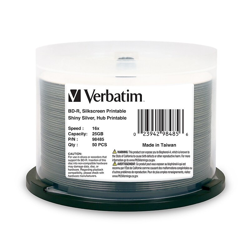 Verbatim 98485 16x Blu-Ray, Shiny Silver, 50/Pack image 1