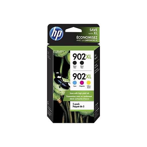 HP 902XL Black/Cyan/Magenta/Yellow Ink Cartridges, High Yield, 5/Pack