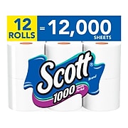 Scott 1-Ply Standard Toilet Paper, White, 1000 Sheets/Roll, 12 Rolls/Case (10060)