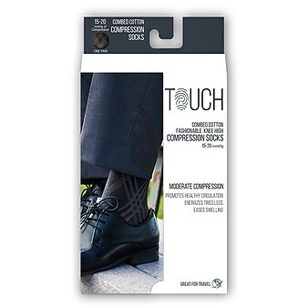 Touch Men's Compression Socks, Knee High, Argyle Pattern, 15-20 mmHg, L, BLACK (1014BL-L)