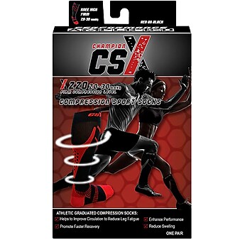 CSX Compression  Socks, Sport Recovery Style, 20-30 mmHg, XL, RED ON BLACK (X220RB-XL)