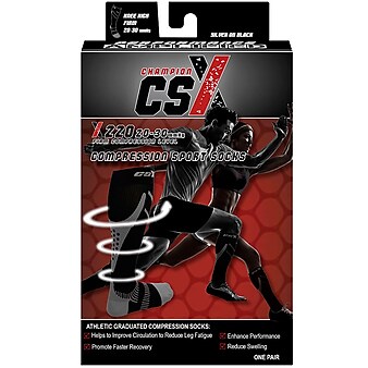 CSX Compression  Socks, Sport Recovery Style, 15-20 mmHg, L, SILVER ON BLACK (X200SB-L)