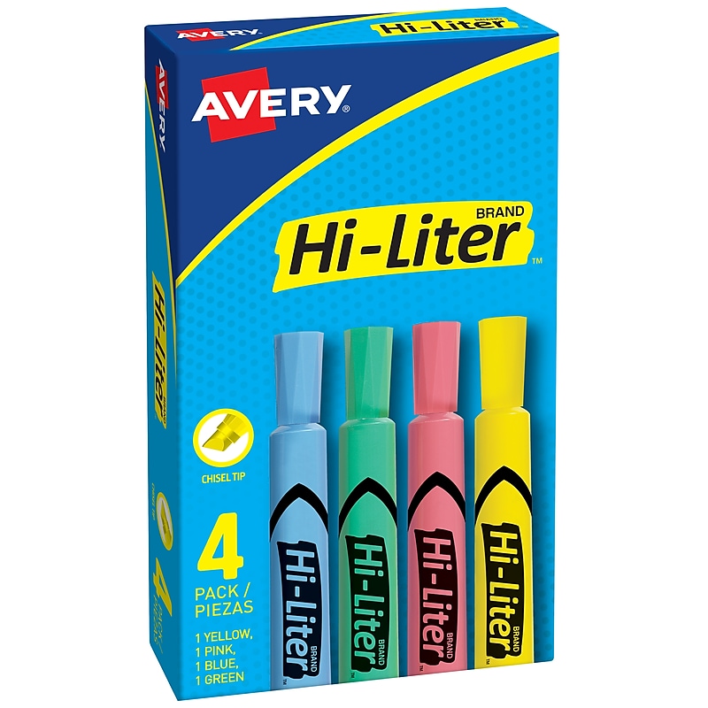Avery Hi-Liter Tank Highlighter, Chisel Tip, Assorted, 4/Pack (17752) image 1