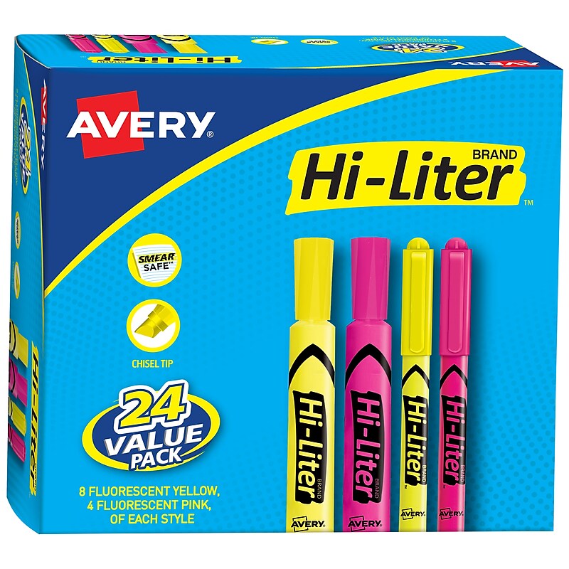 Avery Hi-Liter Tank Highlighter, Chisel Tip, Assorted, 24/Pack (29862) image 1