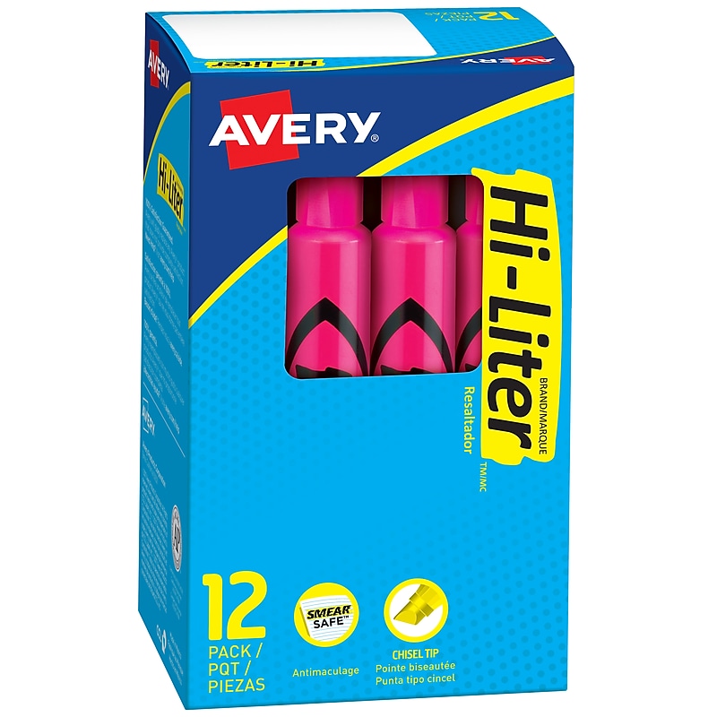 Avery Hi-Liter Tank Highlighters, Chisel, Pink, Dozen (24010) image 1