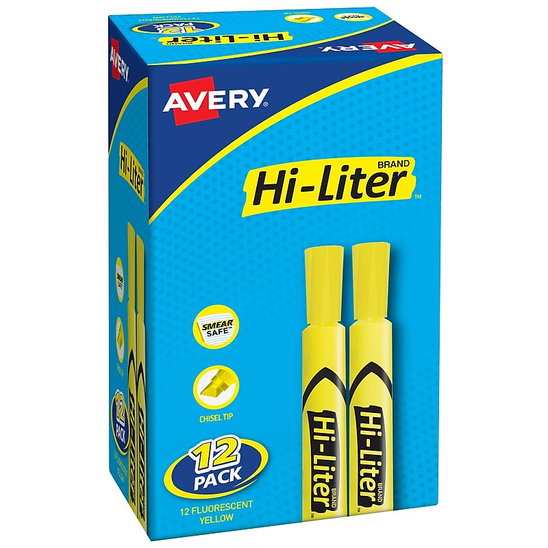Avery Hi-Liter Tank Highlighters, Chisel, Yellow, Dozen (98035) image 1