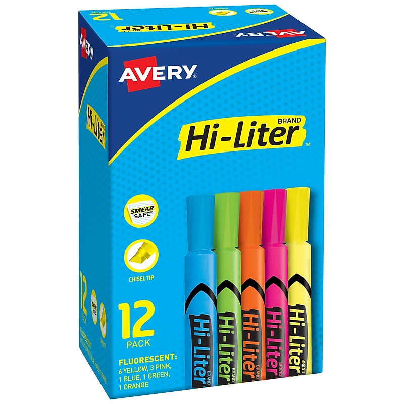 Avery HI-LITER The Original Tank Highlighters, Chisel, Assorted Fluorescent, 12/Set (98034) image 1