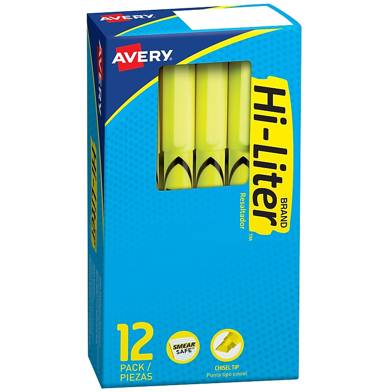 Avery Hi-Liter Pen-Style Stick Highlighters, Chisel Tip, Yellow, Dozen (23591) image 1