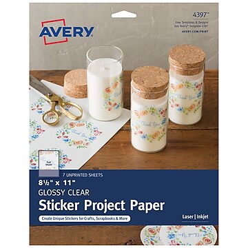 Avery Permanent Laser/Inkjet Sticker Paper, 8.5" x 11", Glossy Clear, 1 Label/Sheet, 7 Sheets/Pack, 7 Stickers/Pack (4397)