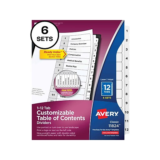 Avery Ready Index Customizable Table of Contents Numeric Dividers, 12