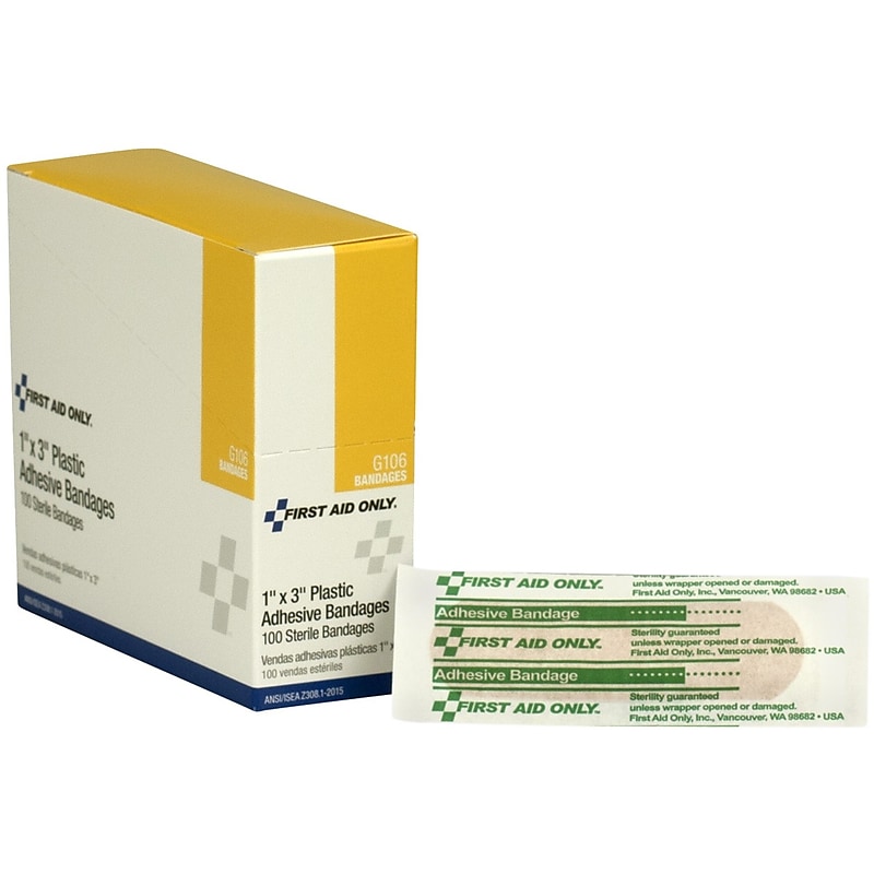 First Aid Only 1" x 3" Plastic Adhesive Bandages, 100/Box (G106) image 1