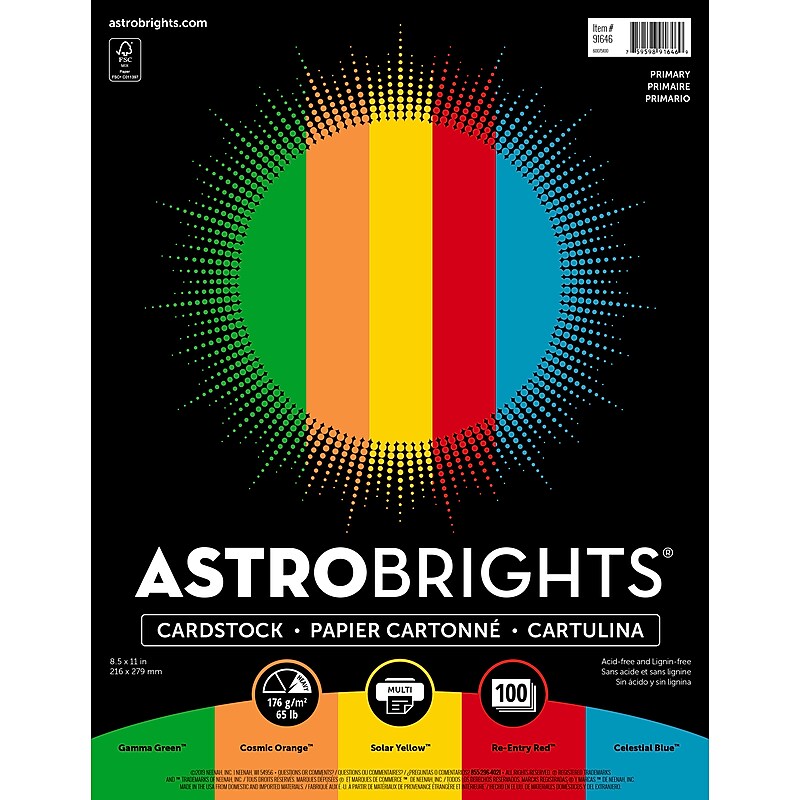 Astrobrights 65 lb. Cardstock Paper, 8.5" x 11", Primary Assortment, 100 Sheets/Ream (91646) image 1