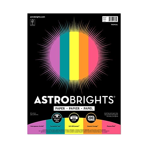 Astrobrights Color Paper, 24 lbs., 8.5" x 11", Tropical Colors, 500