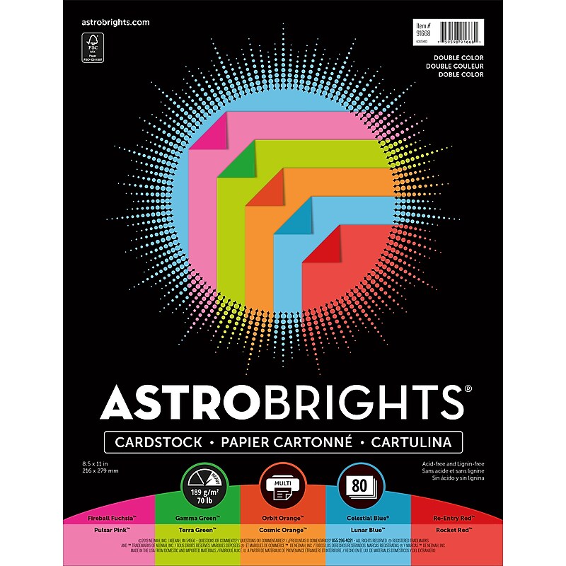Astrobrights 70 lb. Cardstock Paper, 8.5" x 11", Double Color Assortment, 80 Sheets/Ream (91668) image 1
