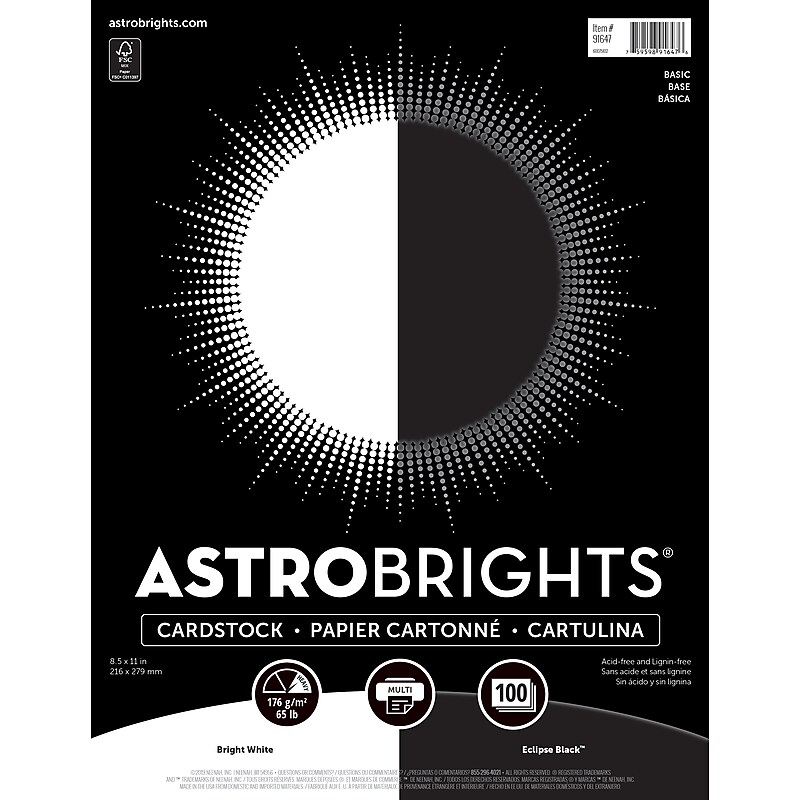 Astrobrights 65 lb. Cardstock Paper, 8.5" x 11", Black/White, 100 Sheets/Ream (91647) image 1