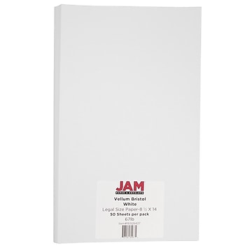 JAM Paper Vellum Bristol 67 lb. Cardstock Paper, 8.5" x 14", White Vellum Bristol, 50 Sheets/Pack (16928437)