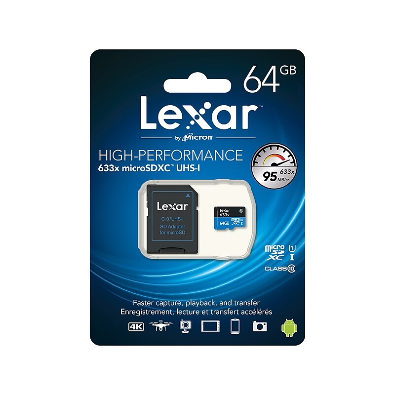 Lexar High-Performance 633x 64GB microSDXC Memory Card with Adapter, Class 10, UHS-I (LSDMI64GBBNL633) image 1